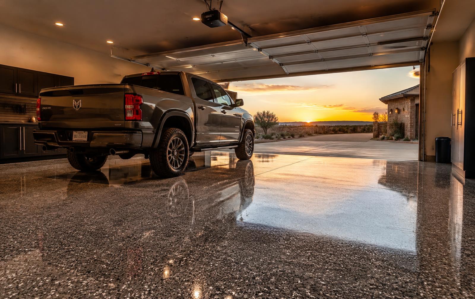 Polyaspartic flake garage floor in a Lubbock home